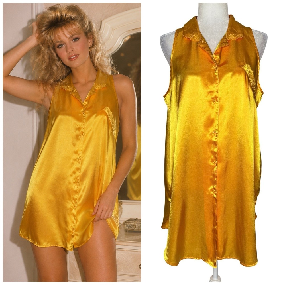 Vintage Stefanie Lingerie Slip Dress L Chemise Button Golden Yellow Hong Kong